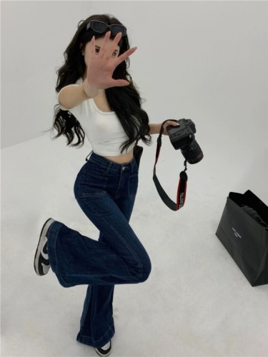 Real shot!  Double-pocket jeans, high-waisted slimming Korean style fashionable bell-bottom trousers