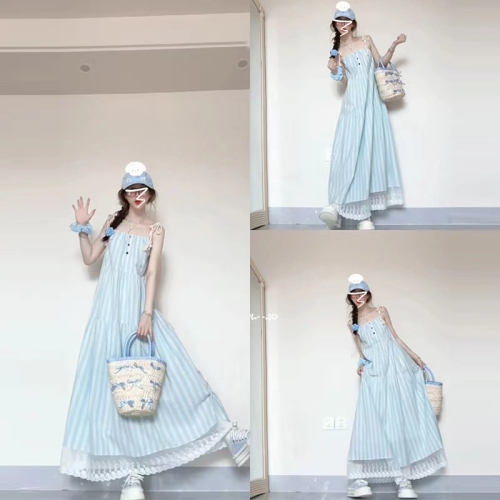 French First Love Blue Suspender Dress Women's Summer 2024 New Small Seaside Resort Style Beach Long Dress