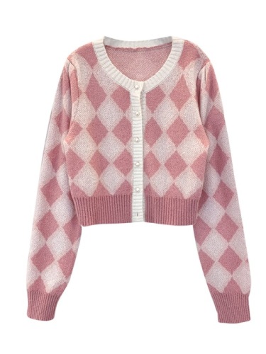 Benbenjia Pink Checkerboard Diamond Sweater Women's Top 2024 New Spring Pearl Button Cardigan Jacket