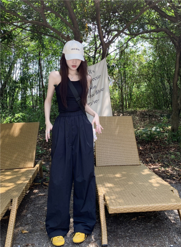 Actual shot of new summer clothes, loose slimming wide-leg pants, elastic high-waisted straight solid color casual pants