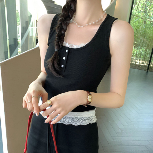 Actual pictures, design, contrasting color splicing, fake two-piece lace vest, women's new summer style, beautiful outer top