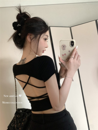 Real shot~Pure desire sexy backless cross short T-shirt vest suspender summer new hot girl slim fit