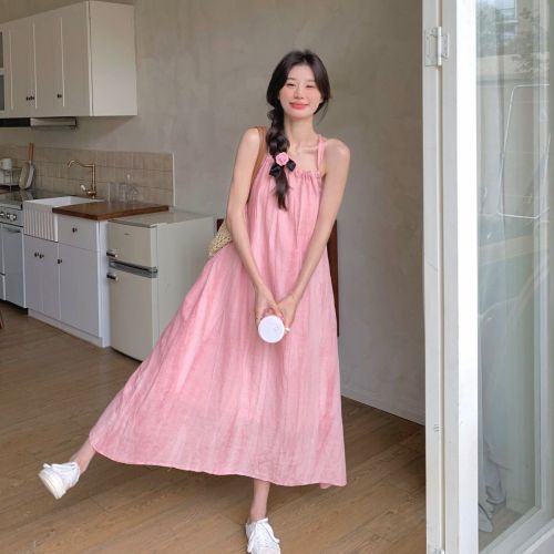 Pink suspender long skirt women's summer new seaside vacation beach dress halter neck design niche skirt