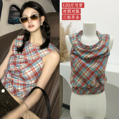 2024 Summer New Retro Red Plaid Swing Collar Top Women's Summer Hot Girl Sleeveless Hooded Outer Wear Vest Top