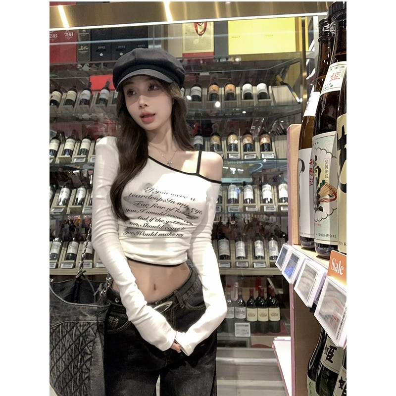 Official picture Designed off-shoulder suspender T-shirt printed pure lust top autumn long-sleeved new style women's white