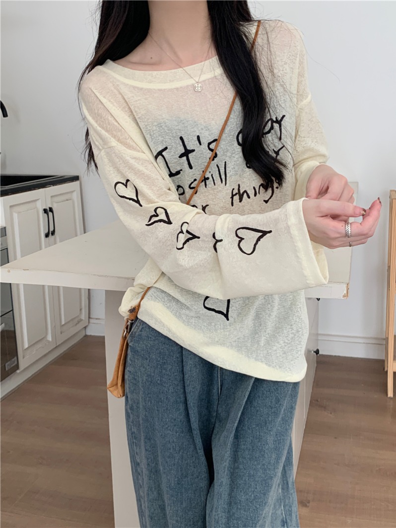 Real Shot Real Summer Letter Print Long Sleeve Sun Protection Shirt Thin Loose Lazy Style T-Shirt for Women