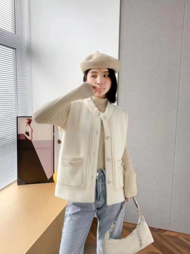 High-definition mink velvet small fragrant vest for women 2024 new autumn Korean style versatile round neck cardigan sleeveless top jacket