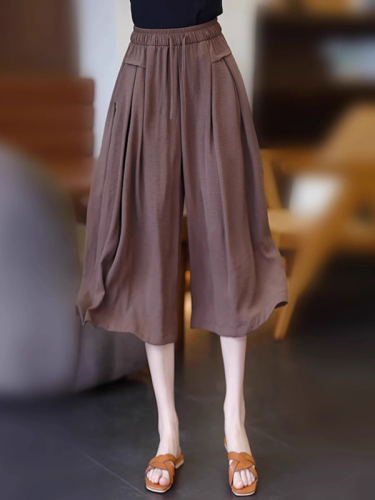 Women's new summer casual trousers with a sense of drape and smoothness. High-waisted, loose, slimming, three-quarter ice silk wide-leg pants.