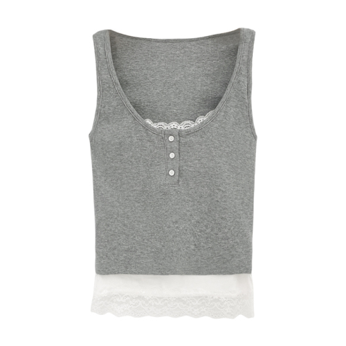 Actual pictures, design, contrasting color splicing, fake two-piece lace vest, women's new summer style, beautiful outer top