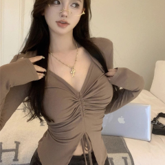 Official photo Hot girl v-neck long-sleeved T-shirt women's autumn sexy drawstring design waist slimming pleated top