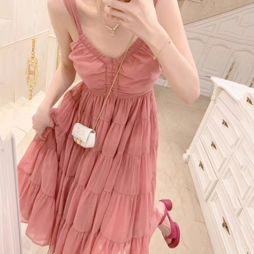 French high-end light luxury sling hanging beautiful dress fairy waist temperament socialite seaside long dress summer