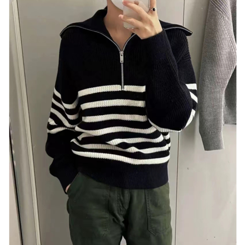 polo large lapel sweater women's half-zip turtleneck striped autumn and winter 2024 loose lazy style pullover wool sweater