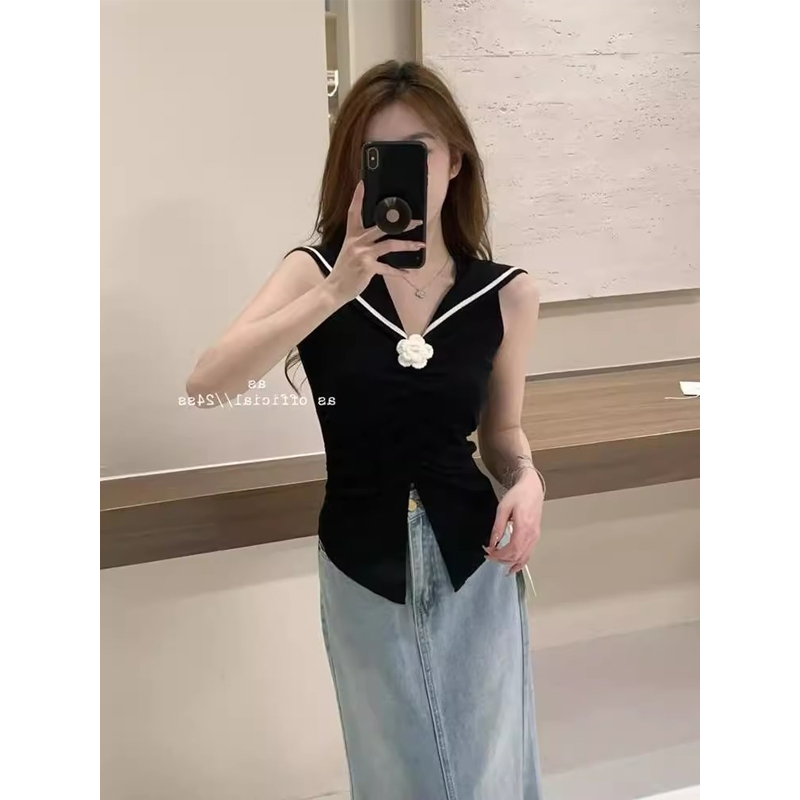 College style navy collar three-dimensional flower chic and beautiful top pleated design pinch waist vest small shirt for women in summer