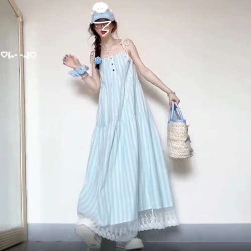 French First Love Blue Suspender Dress Women's Summer 2024 New Small Seaside Resort Style Beach Long Dress