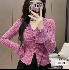 2024 Autumn New Design French V-neck Pleated Buttoned Fitted Bell Sleeve Long-sleeve Top for Women