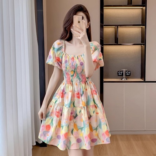 Original workmanship French gentle style dress for women summer new sweet puff sleeve waist small floral skirt