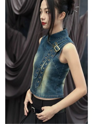 Official picture New Chinese style denim top for women summer retro pullover small stand-up collar versatile sweet and cool waist short vest