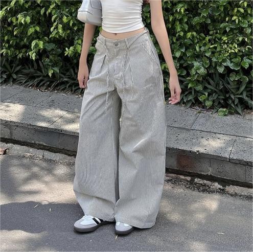 Real shot of high-waisted wide-leg striped casual drawstring casual trousers for women