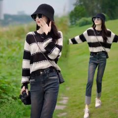 Women's Loose Long-Sleeve Top with Hollow Out, Color Block Stripes - 2024 Autumn/Winter Korean Style Fashion Casual