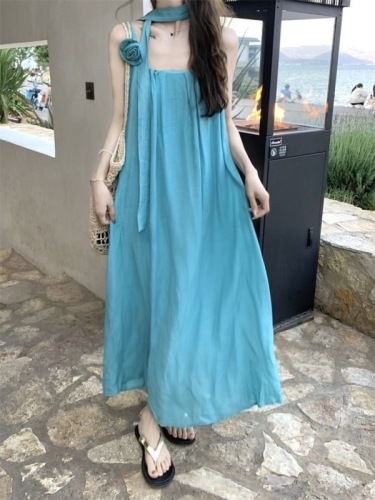 2024 Hot Girl Summer New Resort Style White Three-dimensional Flower Strap Suspender Long Skirt Dress