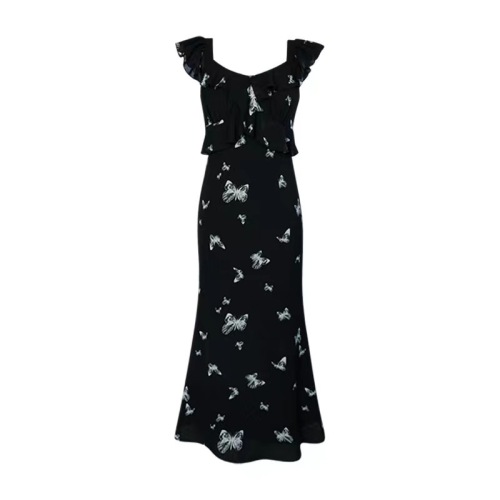 Feifei Sleeve Black Floral Dress Women's Summer 2024 New Design Sweet and Spicy Long Dress