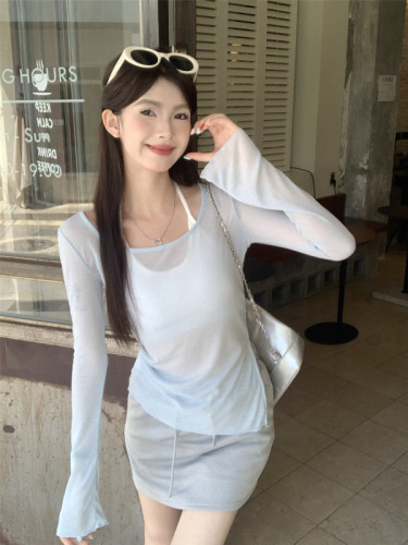 Actual shot ~ summer sun protection long-sleeved thin blouse with irregular design and a tube top two-piece set