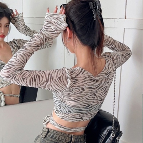 2024 New Thin Sunscreen Cross V-Neck Zebra Print T-Shirt Women Summer Hot Girl Sexy Strap Short Long Sleeve Top