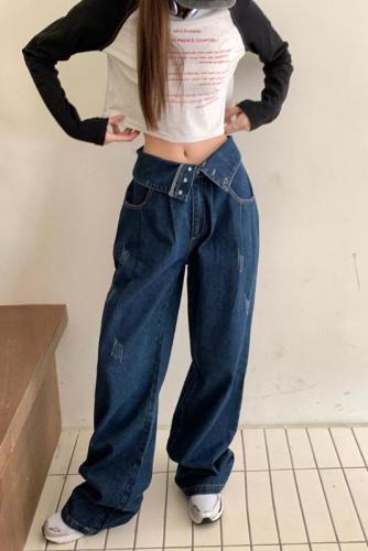 Internet celebrity trendy design cuffed waist jeans for women, loose slimming floor-length wide-leg pants