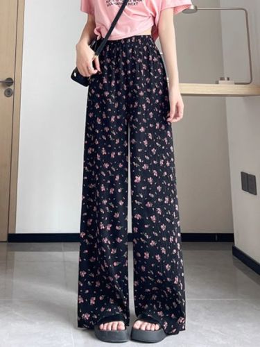 2024 Summer Loose Ice Silk Floral Wide Leg Pants Women's Summer Thin High Waist Slim Pleated Straight Casual Long Pants