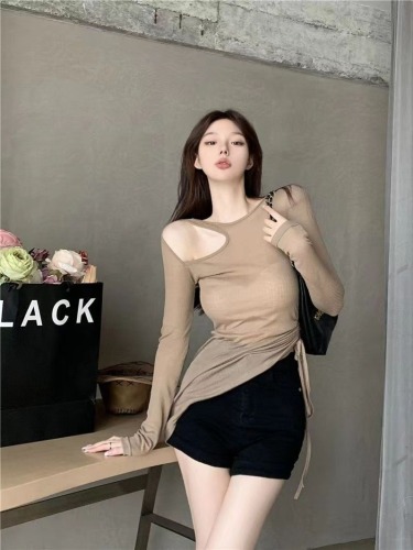 Retro solid color irregular drawstring design niche leaky shoulder discreet slim long-sleeved T-shirt