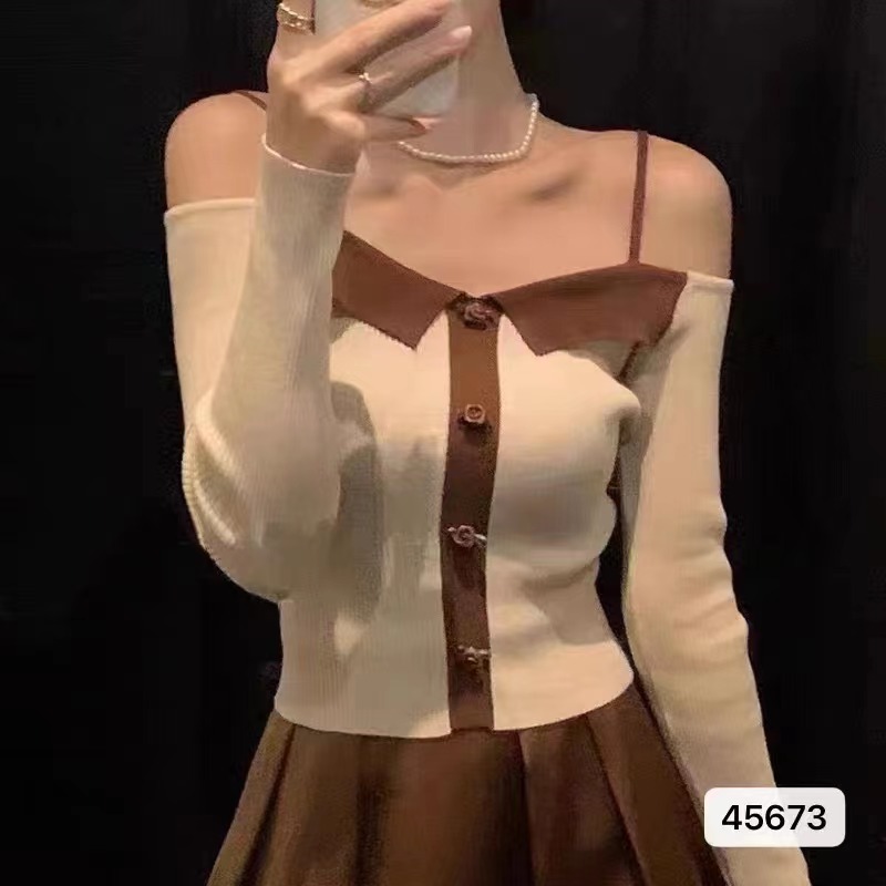 2024 Autumn New Design Sexy Hot Girl Suspender One Shoulder Contrast Color Long Sleeve Top for Women
