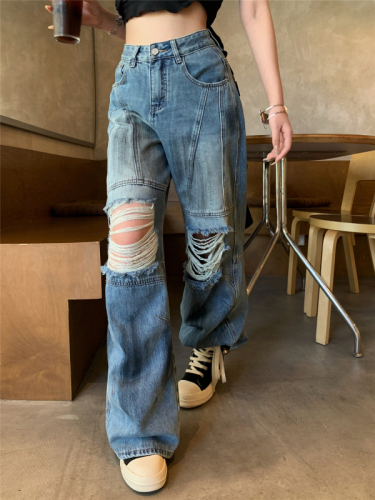 Real shot!  Wasteland style American retro ripped jeans women's loose old design floor mopping pants trendy