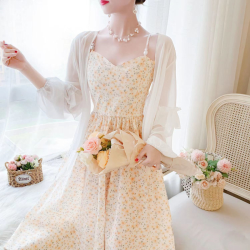 Original floral suspender dress for women summer French super fairy temperament long skirt sweet cardigan suit