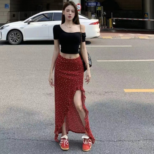 Ruffled floral skirt women's summer mid-length high-waist slim hip skirt red irregular slit skirt