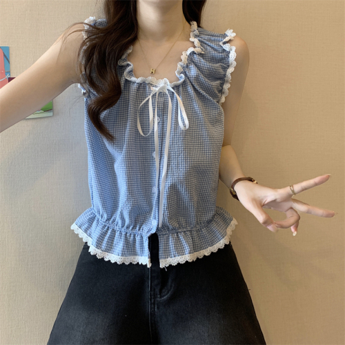 Actual shot of new sweet design plaid shirt vest for women sleeveless off-shoulder two-piece top