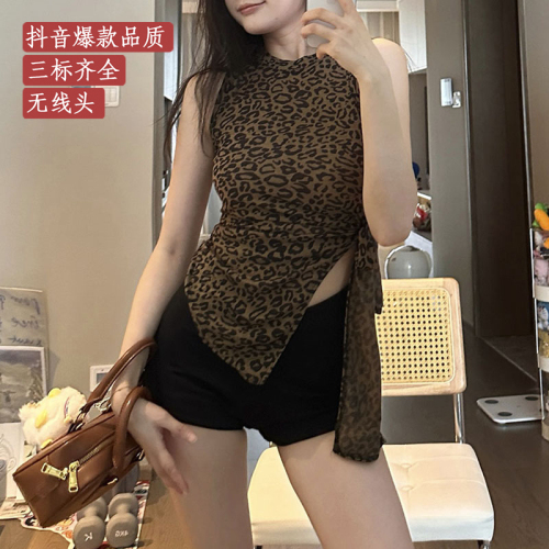 American hot girl retro pure lust tight strappy slit design fashionable and sexy leopard print body-shaping sleeveless top