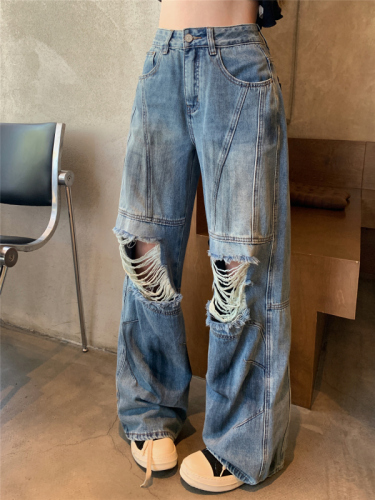 Real shot!  Wasteland style American retro ripped jeans women's loose old design floor mopping pants trendy