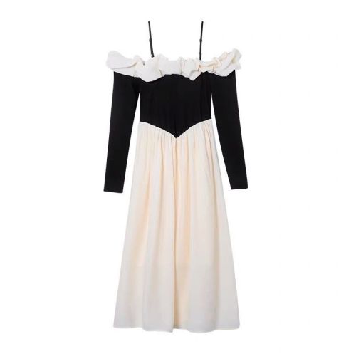 One-line collar stitching contrasting suspender dress for women autumn new French high-end slim waist and temperament long skirt