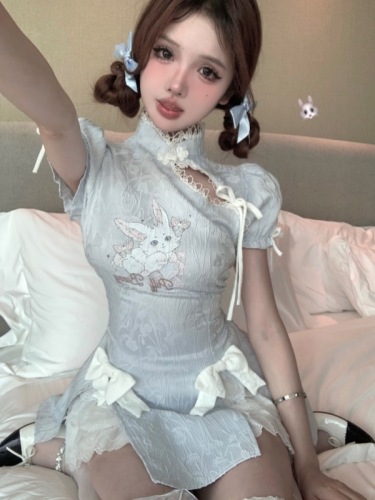 Actual shot of new Chinese style girly mid-length waist-cinching sweet cheongsam princess dress