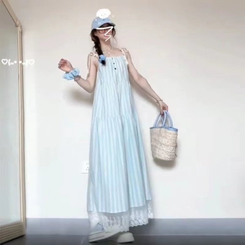 French First Love Blue Suspender Dress Women's Summer 2024 New Small Seaside Resort Style Beach Long Dress