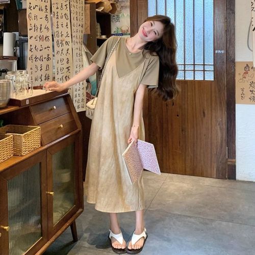 Niche unique splicing suspender fake two-piece dress women's summer loose slim casual long dress