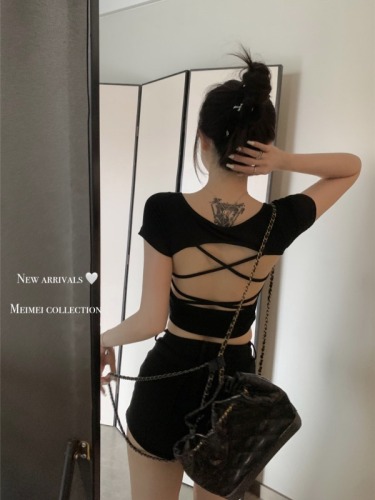 Real shot~Pure desire sexy backless cross short T-shirt vest suspender summer new hot girl slim fit