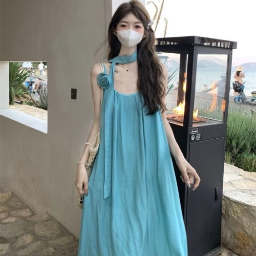 2024 Hot Girl Summer New Resort Style White Three-dimensional Flower Strap Suspender Long Skirt Dress