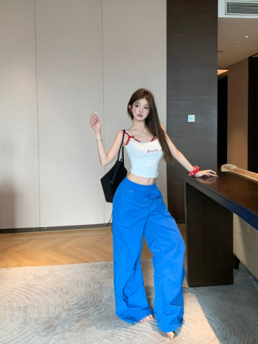 Real shot!  Hot American Style Layered Suspender Tube Top Casual Loose Wide Leg Pants Suit Women's Fashion