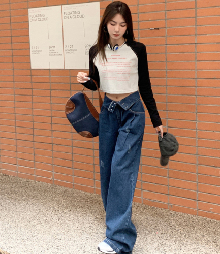 Internet celebrity trendy design cuffed waist jeans for women, loose slimming floor-length wide-leg pants