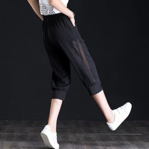 Ice Silk Cropped Pants Women's Summer Thin Large Size Small Foot Harem Pants New Hollow Splicing Medium Pants Casual Pants