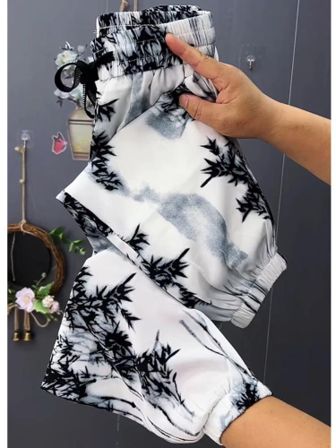 New high-end ice silk ink bamboo print pants, fashionable casual pants, versatile elastic waist nine-point harem pants