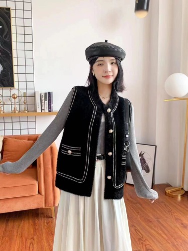 High-definition mink velvet small fragrant vest for women 2024 new autumn Korean style versatile round neck cardigan sleeveless top jacket