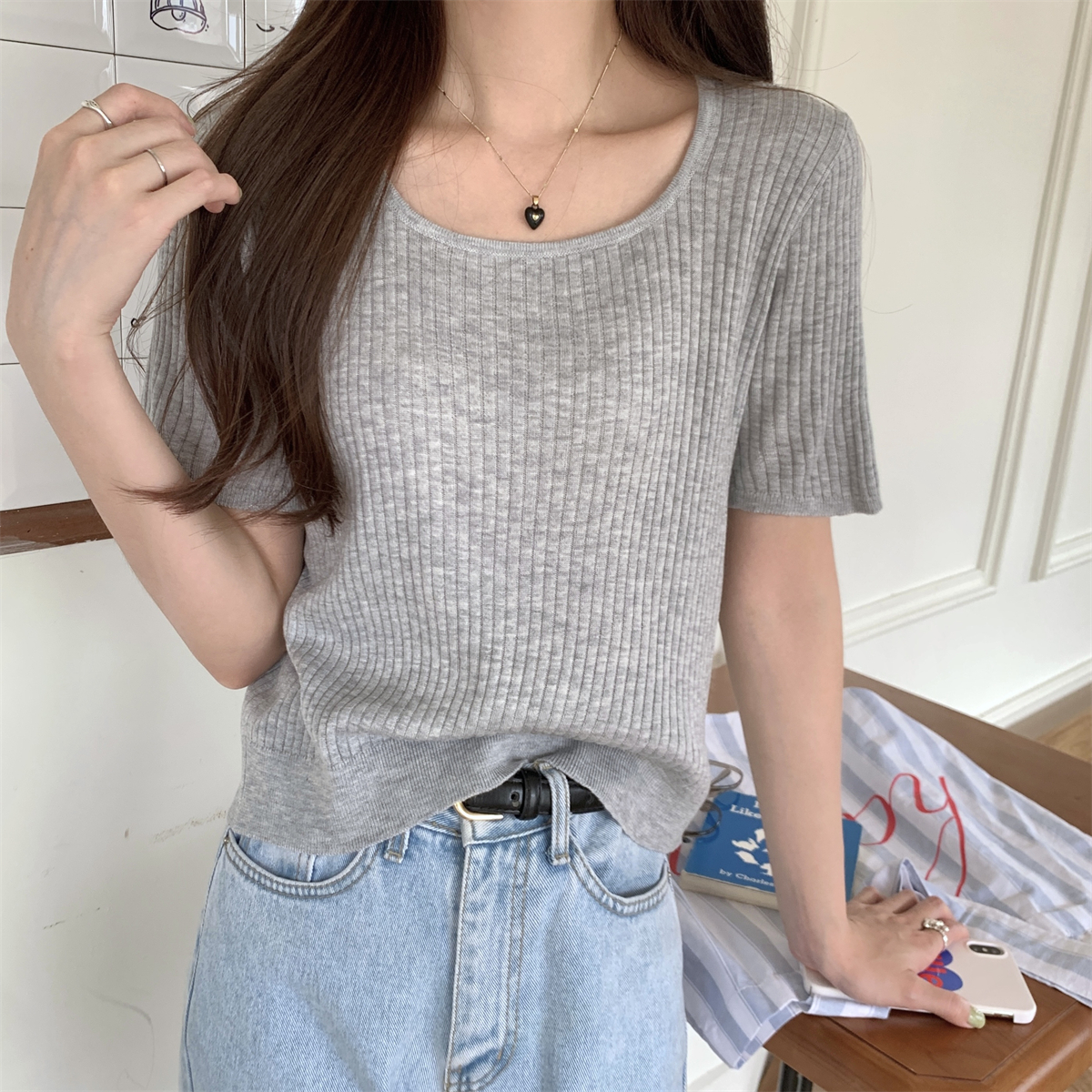 Actual shot of summer Korean style temperament square collar versatile pit strip lightweight high-grade 6 wool sweater short-sleeved top