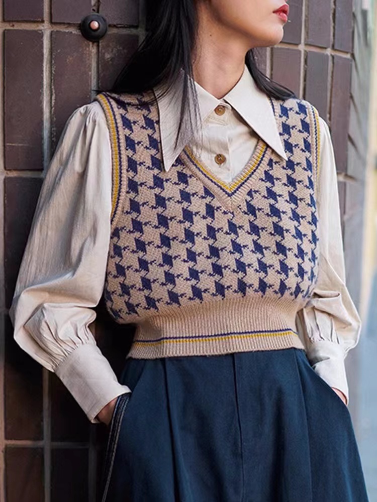 One Side Two Collection French retro all-match V-neck houndstooth all-wool blended vest vest thick small version for women